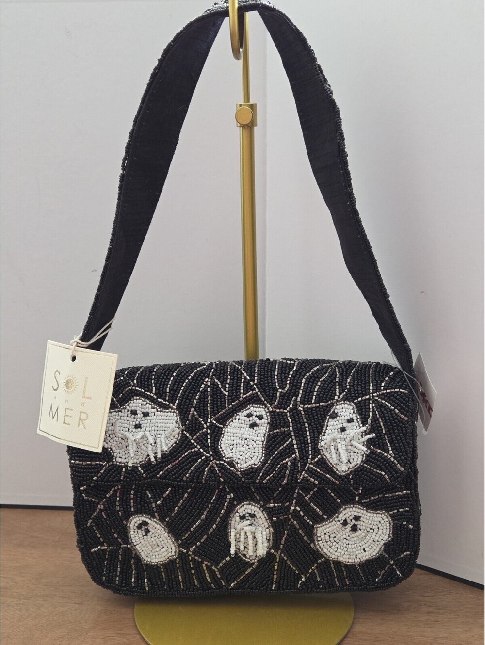 Sol & Mer Beaded Halloween Ghost Shoulder Bag Black White NWT